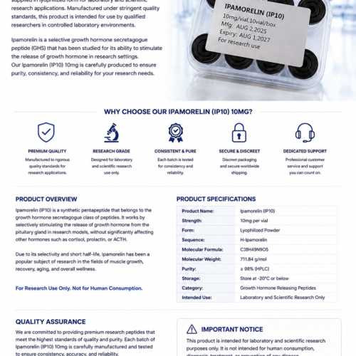Buy Ipamorelin (IP10) 10mg premium research peptide. Research-grade quality, secure ordering, fast shipping, and reliable customer support. For laboratory research use only.