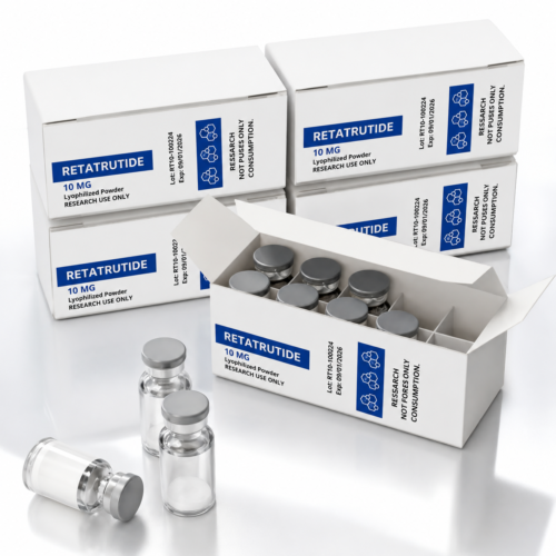 Retatrutide 10mg (RT10) high-purity research peptide available in lyophilized form. Premium research-grade quality for laboratory and scientific research applications only.
